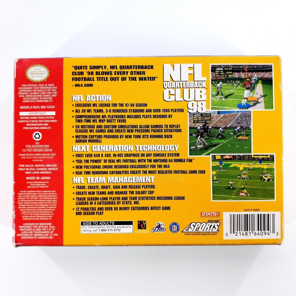 NFL Quarterback Club 98 (Nintendo 64, 1997) Authentic Complete Tested & Works - Picture 7 of 16